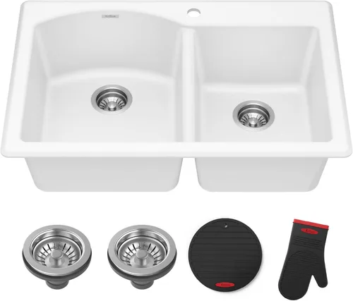 Miniatura 17 de Kraus Forteza - Fregadero de cocina de doble seno 50/50 de granito de instalación empotrada/sobre encimera, 33 pulgadas, color negro (KGD-52BLACK)