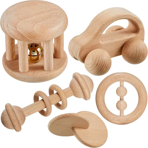 Zhanmai Juguetes Montessori de madera para bebés de 0 a 6 a 12 meses, sonajeros de juguete con campanas para bebés, juguete de madera para recién