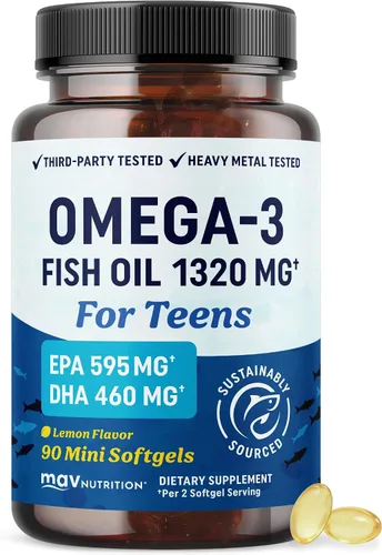 Aceite de pescado Omega 3 para adolescentes | Salud cerebral, concentración y apoyo del estado de ánimo, 1120 mg de Omega3 | 595 mg EPA + 460 mg DHA