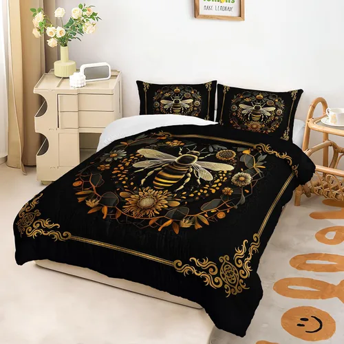 Miniatura 2 de AILONEN Juego de edredón de abeja bohemia, tamaño Queen, juego de ropa de cama de lujo negro y dorado para niños, adolescentes y niñas, edredón