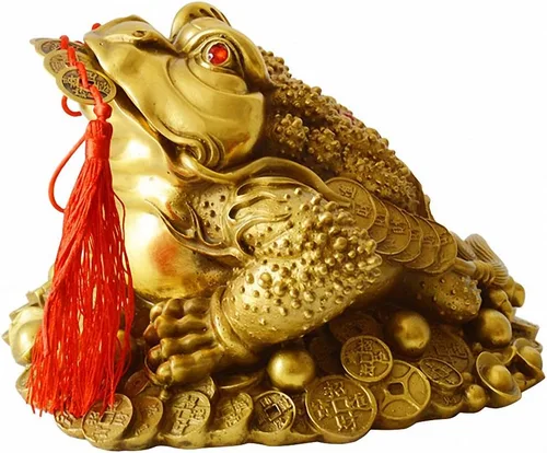 Estatua de rana de dinero de Feng Shui de latón con dije de la suerte monedas antiguas en cuerda roja, decoración de Feng Shui