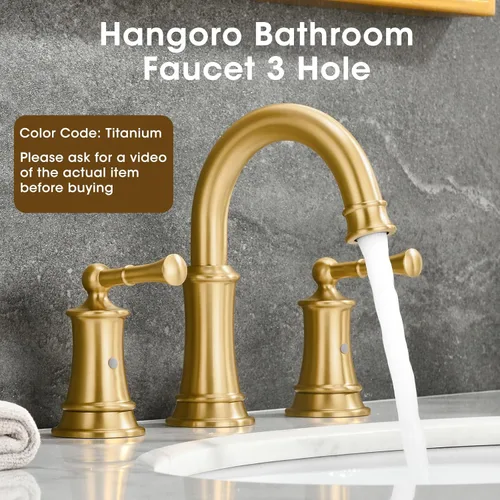 Miniatura 7 de Grifo de baño de oro cepillado de 8 pulgadas, construcción de latón sólido, grifo de baño dorado de 3 orificios con desagüe emergente y 2 mangueras