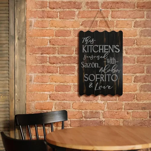Miniatura 2 de Letrero de madera con texto en inglés «This Kitchen is Seasoned with Sazon Adobo Sofrito & Love» La Cocina española puertorriqueña para decoración