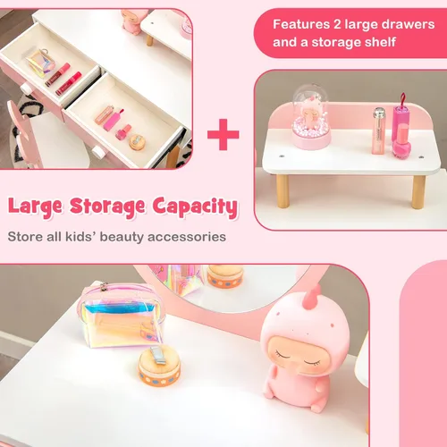 Miniatura 4 de GLACER Juego de mesa y silla para niños, juego de tocador patentado con silla, espejo extraíble, 2 cajones grandes, estante de almacenamiento