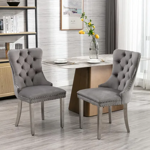 Miniatura 2 de Juego de 2 sillas de comedor, sillas de comedor tapizadas con tirador de anillo trasero, ribete de cabeza de clavo y patas de acero inoxidable Gris