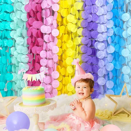 Miniatura 4 de Decoraciones de fiesta pastel de 256 pies, serpentina de telón de fondo de círculos grandes con puntos, papel de seda pastel, lunares, cortina Ombre