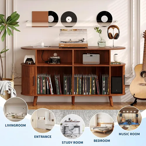Miniatura 5 de GarveeHome Soporte redondo grande para tocadiscos de 55 pulgadas con estación de carga y puertos USB, soporte para tocadiscos de vinilo rústico