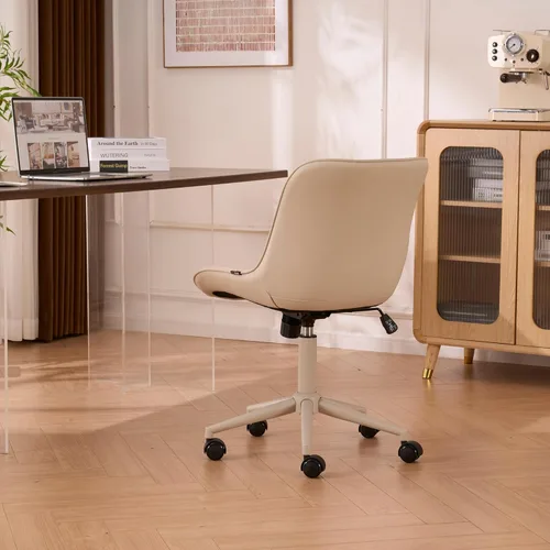 Miniatura 9 de YOUNIKE Silla de escritorio de oficina en casa con ruedas, silla de tocador sin brazos con respaldo cómoda y moderna tapizada de cuero, silla Crema