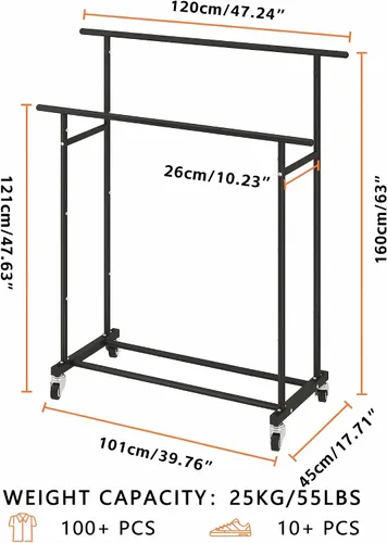 Miniatura 3 de Calmootey Perchero de ropa de doble varilla, organizador portátil para colgar ropa, organizador de ropa rodante para dormitorio, sala de estar, Negro