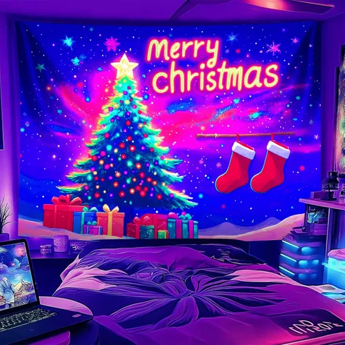 Miniatura 6 de NYZE - Tapiz de Navidad con Papá Noel, tapiz de luz negra que brilla en la oscuridad, colgante de pared, banner festivo, decoración para fiesta