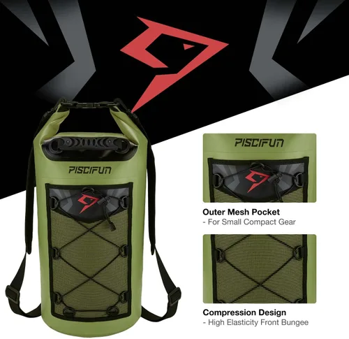 Miniatura 6 de Piscifun Bolsa seca, mochila flotante impermeable 10L/20L/30L/40L con funda impermeable para teléfono para navegación, kayak, pesca Verde militar