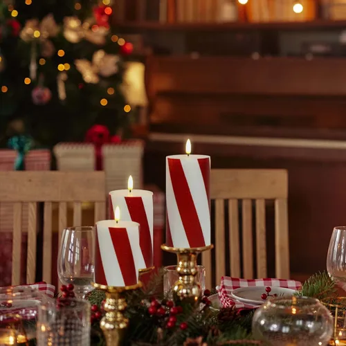 Miniatura 3 de Velas parpadeantes de Navidad sin llama con rayas rojas con purpurina, pilar de cera real, velas eléctricas LED con temporizador remoto para Rayas