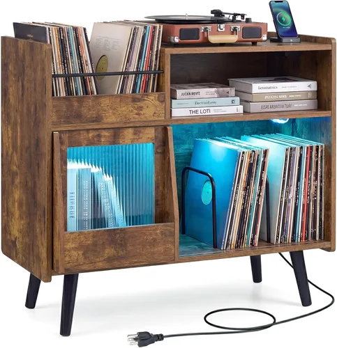 Miniatura 10 de Giantex Soporte grande para tocadiscos con luz LED, soporte para tocadiscos moderno de mediados de siglo con puerta deslizante, estación de carga