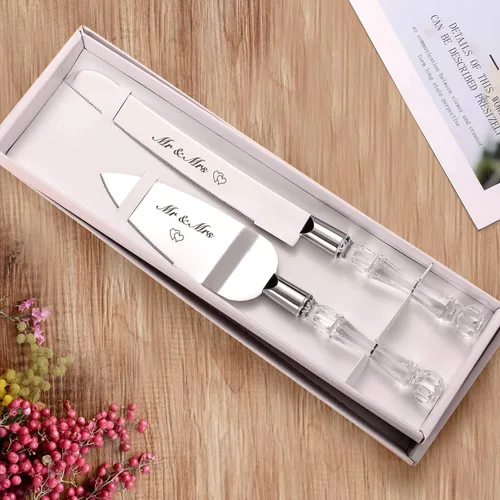 AW BRIDAL Sr. Sra. Juego de cuchillo y espátula para pastel de boda, juego de corte de pastel plateado para boda, cortador de pasteles y servidor de