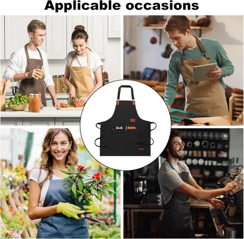 Miniatura 7 de Delantales de chef para mujeres y hombres con bolsillos (funcionales y grandes), repelente al aceite y resistente al agua, lona negra resistente