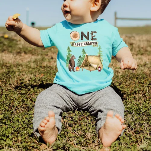 Miniatura 4 de Camisetas temáticas y raglanes One Happy Camper para el primer cumpleaños para acampar al aire libre para niñas y niños