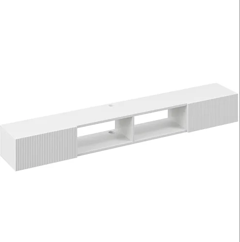 Miniatura 9 de Soporte flotante para TV de madera contrachapada con puertas acanaladas, color blanco, 55 pulgadas Montado en la pared, consola multimedia