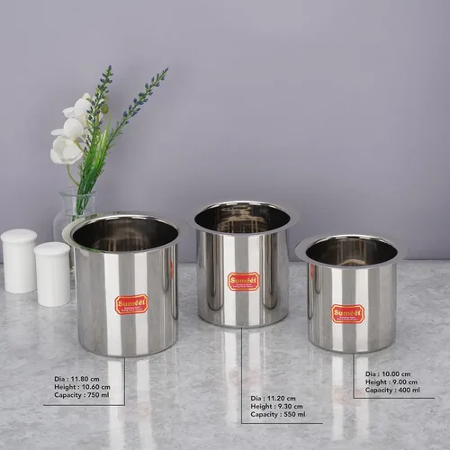 Miniatura 4 de Sumeet Ganj de acero inoxidable/caldera de leche/olla de leche/tapeli largo juego de 3 piezas (13.5 fl oz, 18.6 fl oz, 25.4 fl oz), plata