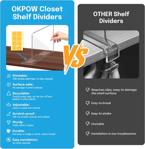 Miniatura 2 de OKPOW Separadores de Estantes Organizador de Armario - 12" de Alto X 11.8" de Profundidad Acrílico Transparente Resistente Separador para Ropa