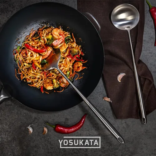 Miniatura 9 de YOSUKATA Juego de sartén Wok de acero al carbono de 14 pulgadas, presazonada, espátula y cucharón para wok de 17 pulgadas, resistente al calor, apto