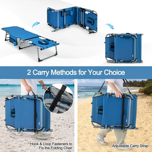 Miniatura 7 de Tangkula Sillón de playa, silla de bronceado plegable al aire libre con agujero para la cara/brazo, 2 asas de transporte, almohada, respaldo Azul
