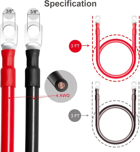 Miniatura 2 de Cables de batería de 4 AWG, 3 pies de calibre 4, juego de cables inversores de batería marina con terminales de 3/8 pulgadas (positivos y negativos)