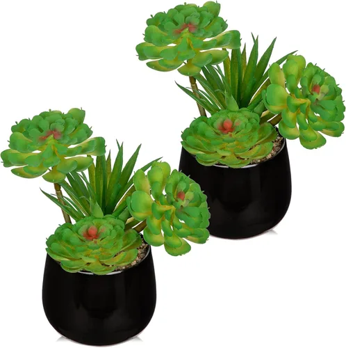 Miniatura 13 de Briful Plantas suculentas artificiales en macetas de cerámica, juego de 3 suculentas artificiales con macetas geométricas negras, decoración moderna