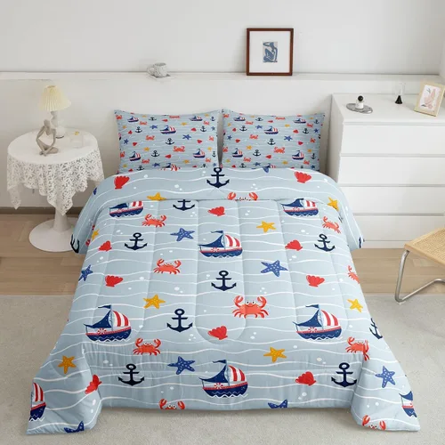 Miniatura 36 de Erosebridal Blue Ocean - Juego de edredón tamaño individual Juego de ropa de cama de ballena delfín y tortuga marina para niños y niñas, juego