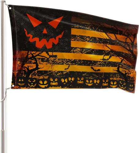 AVOIN colorlife Bandera de Halloween a rayas de 3 x 5 pies, doble cara, bandera grande de Jack O Lantern, decoración para fiestas y exteriores |