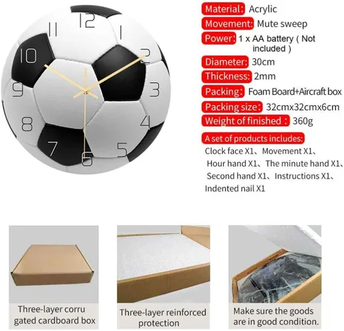Miniatura 4 de Garneck Reloj de pared de fútbol de fútbol reloj de pared de fútbol deportivo con impresión redonda de acrílico reloj de pared silencioso sin tictac
