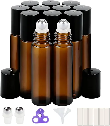 PrettyCare Paquete de 12 aplicadores de bola rodante, botellas de rodillo de vidrio ámbar para aceite esencial con bola de rodillo de acero