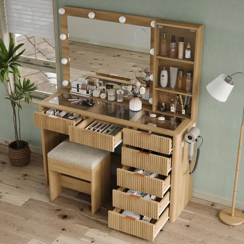 Miniatura 2 de Yanosaku Tocador estriado de 47 pulgadas con espejo y luces LED, tocador de maquillaje de 7 cajones con superficie de vidrio y gabinete, tocador