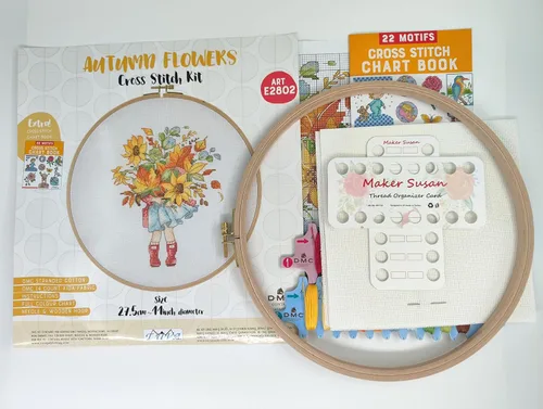 Miniatura 3 de Maker Susan Kits de punto de cruz con patrón de flores de otoño para adultos y principiantes con aro de madera, tela DMC, hilos y agujas, tarjetas
