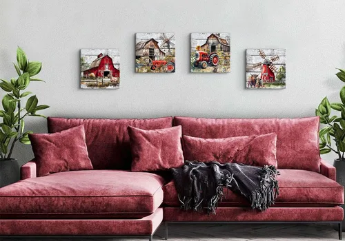 Miniatura 6 de Arte de pared rústico de granja, pintura de paisaje rural, molino de viento de granero, camión, impresiones en lienzo de animales de granja, vaca