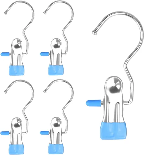 FuninCrea Clips para ganchos de lavandería, 5 piezas de acero inoxidable antideslizantes para botas de lavandería, portátiles, resistentes, Azul