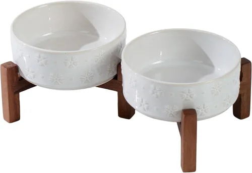 Havniva - Juego de 2 cuencos elevados de cerámica de 5.1 pulgadas con soporte de madera de acacia, 2 alturas elevadas, cuencos para comida y agua