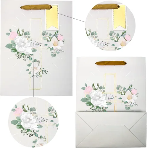 Miniatura 4 de LeZakaa Bolsa de regalo de cruz de 13 pulgadas con diseño de flores, bolsa de regalo cristiana plateada con papel de seda, etiqueta de regalo y Cruz