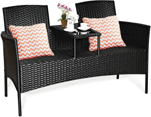 Miniatura 8 de RELAX4LIFE Juego de muebles de conversación con mesa y dos cojines extraíbles, sillas de mimbre de ratán y juego de mesa para patio, jardín, balcón
