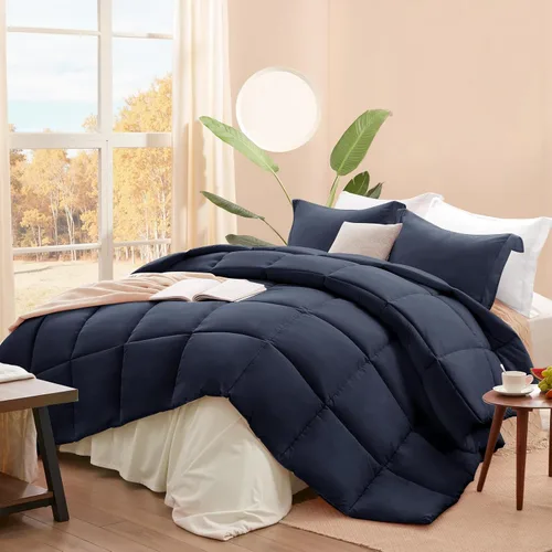 SunStyle Home Juego de colcha tamaño King azul marino, 3 piezas de edredón ligero tamaño King con costuras en caja sólida, juego de ropa de cama