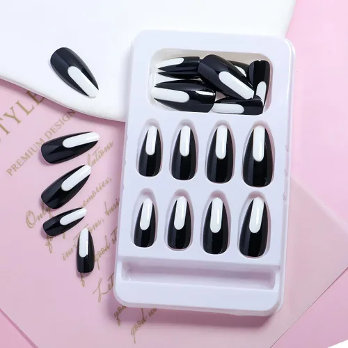 Miniatura 3 de 24 uñas postizas medianas a presión, color blanco y negro, uñas con pegamento en forma de almendra, uñas postizas brillantes con diseños, uñas