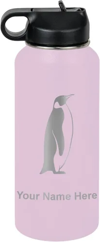 Miniatura 26 de LaserGram Botella de agua personalizada, pingüino, acero inoxidable de doble pared aislada al vacío con popote superior, regalo grabado