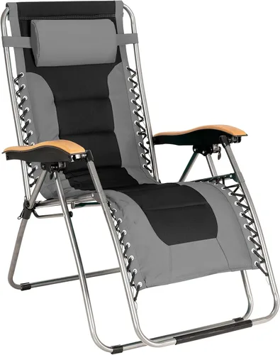 Miniatura 13 de Goplus Sillón plegable de gravedad cero, silla de patio reclinable acolchada de gran tamaño con reposabrazos de haya y almohada para la cabeza