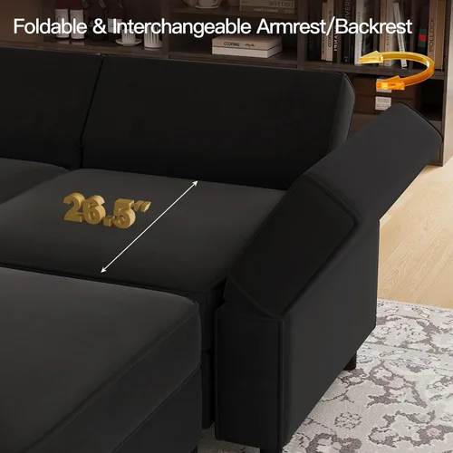 Miniatura 6 de Belffin - Sofá seccional modular con asientos de almacenamiento de terciopelo, en forma de L, con rincón, convertible, con diván, color negro