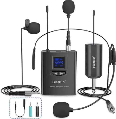 Bietrun - Sistema de micrófono inalámbrico UHF Lavalier de solapa/micrófono para auriculares/micrófono de soporte, rango de 50.3 metros, transmisor