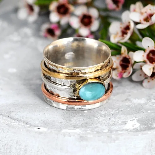 Miniatura 4 de Boho-Magic Anillo giratorio de plata de ley 925 con larimar para mujer con cobre y latón