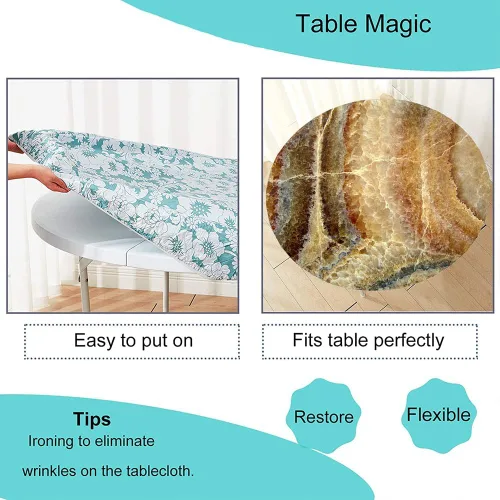 Miniatura 5 de Mantel redondo de mármol de estilo rústico con borde elástico, mantel ajustado, cubierta protectora de mesa para interiores y exteriores, fiesta