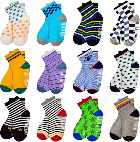 Miniatura 13 de HYCLES Calcetines Antideslizantes para Niños Pequeños, 12 Pares de Calcetines de Algodón con Agarre Antideslizante para Niños y Niñas de 1-7 años