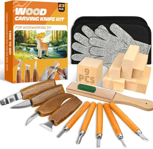 Kit de tallado de madera, 23 piezas de herramientas de tallado de madera con 4 cuchillos de tallado de madera, 5 cuchillos de detalle, 9 bloques,