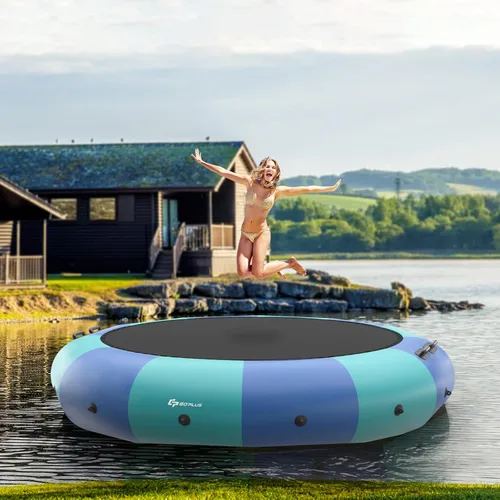 Miniatura 10 de Goplus - Trampolín inflable de agua de 10 pies, 12 pies, 15 pies, rebotador acuático recreativo con inflador eléctrico, escalera de cuerda, cuerdas