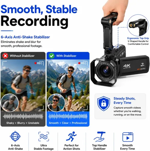 Miniatura 6 de Acuvar Videocámara 4K 60FPS 48MP con WiFi, zoom 18X, pantalla abatible, micrófono externo, estabilizador y trípode, kit de cámara de vlogging con 2